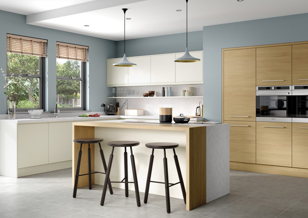 Strada Matte Porcelain and Tavola Light Oak Kitchen
