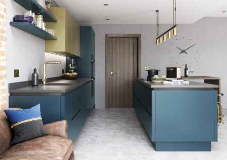 Zola Soft Matte Daark Blue and Ferro Brass Kitchen