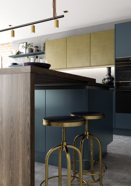 Zola Soft Matte Daark Blue and Ferro Brass Kitchen