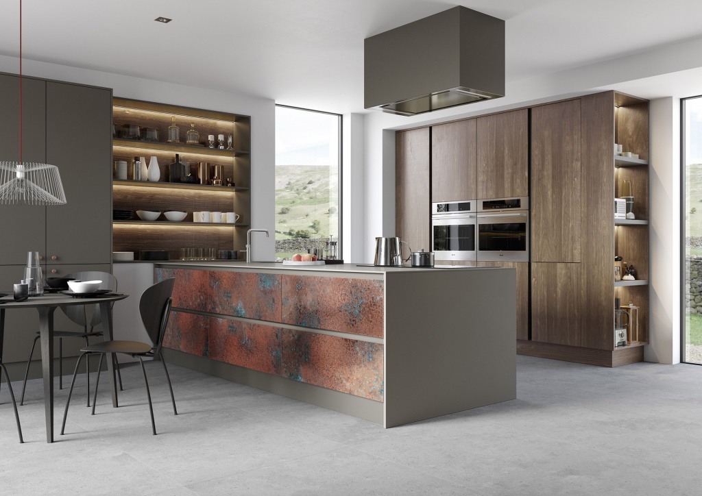 Ferro Oxidised Copper, Zola Matte Lava, Rezana Espresso Oak Kitchen