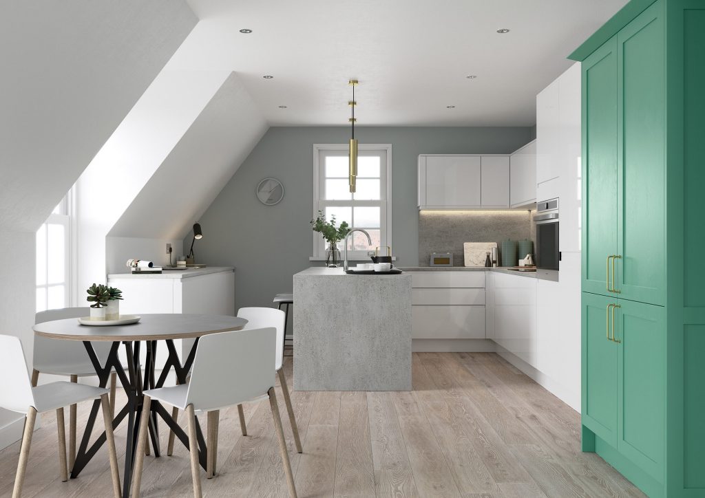 Strada Gloss White & Aldana Green Kitchen